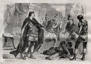 Diocleciano (Caius Aurelius Valerius Diocletianus Augustus) (244-311) morrendo Lucius Flavius Aer - gravado em "Dictionnaire populaire illustrious" - 1864 - por Joseph December e Edmond Allonier - de Unknown artist