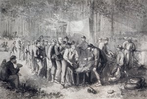 Distribuição de rações à unidade militar norte-americana, Estados Unidos da América, Guerra Civil Americana, gravura de Unknown artist