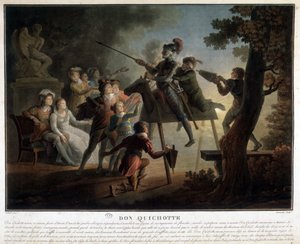 Dom Quixote e Sancho em um cavalo de madeira. de Unknown artist