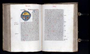 Página dupla com o mapa esquemático do mundo no modelo T-O (T O), estão representados três continentes (Ásia, África e Europa). Manuscrito "Etimologias" (Etymologiae) por Isidorus (Isidore de sevilha) (560/570-636) Século XII. 1472 de Unknown artist