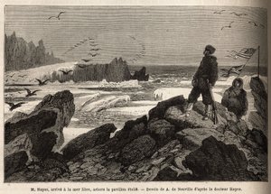Dr. Hayes, chega ao mar livre do pólo Ártico, o propósito da sua expedição, planta a bandeira da estrela americana. Gravura para ilustrar a viagem ao mar livre do pólo Ártico, pelo Dr. Hayes, cirurgião da Marinha dos Estados Unidos, em 1860-1862, de Unknown artist
