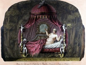 Desenho de uma cama para o bey di Roumelie, residente em Sophia, Bulgária. Uma mulher nua convida-a a juntar-se a ela. J. J. Lepreu. de Unknown artist