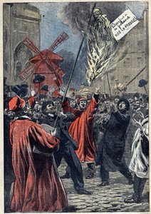 Caso Dreyfus - Paris - 1898: manisfestação de antisemitas em Montmartre. Uma efígie de Martin Dreyfus, o irmão de Alfred, é um brulee na praça, com um sinal pendurado no pescoço: "Dreyfus tem a forca". Longa vida à França!" Ilustração em "Le Pelerin" de J de Unknown artist