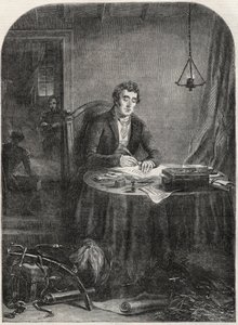 Duque de Wellington (Arthur Wellesley (1769-1852) Duque de Wellington) despacho de escrita após Waterloo, junho 19 1815 - gravura 1852 de Unknown artist