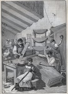 Ebenisterie: oficina de envernizamento de selos. Gravura de 1885 em "Les arts et metiers illustres" de Adolphe BITARD. de Unknown artist