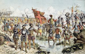 Oitava Guerra das Religiões (1585-1598): a batalha de Ivry em 14/03/1590 entre o exército real de Henrique IV (que prevalecerá) e a Liga Católica. Ilustração do século XIX. Paris, Musee de l