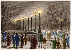 Iluminação elétrica: lâmpadas de piso do cais de Victoria, em Londres, Grã-Bretanha. Gravação em "La Nature". de Unknown artist