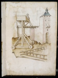 Sistema de elevação e escalas - Manuscrito: folha de pergaminho de um manual de engenharia para a construção de edifícios civis, religiosos e militares, anónimo, final do século XV (figura em tinta chinesa) de Unknown artist