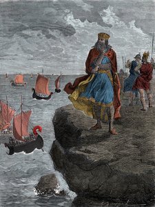 Imperador Carlos Magno observa a chegada dos navios normandos - Rei Carlos Magno (742/747-814), Rei dos Francos, olha para os navios cheios de invasores do Norsemen de Unknown artist