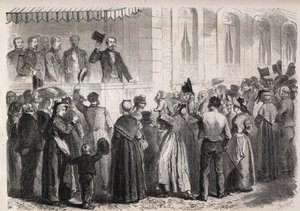 Imperador Napoleão III (1808-1873) no terraço da villa de Strauss a Vichy, saudado pelo povo do campo no domingo 7 de Julho de 1861 - Gravura no "Mundo Ilustrado de Unknown artist
