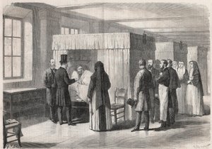 O imperador Napoleão III (1808-1873) visita os quartos do Hotel Dieu (Hotel-Dieu) para pacientes com cólera e conversa com eles - Gravação no "Mundo Ilustrado de Unknown artist