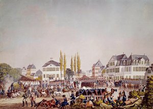 O Imperador Napoleão I (1769-1821) analisa as tropas em Frankfurt. Gravura de 1813. Frankfurt, Museu Histórico de Unknown artist