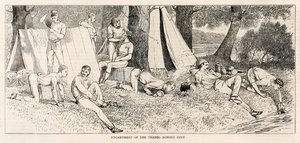 Acampamento do Thames Rowing Club. Esboços de um lançamento a vapor na Henley Regatta publicado em julho de 1878 de Unknown