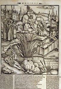 Eneide de Virgil (70 a.C.-19 a.C.), Livro XII, o herói troiano Enee é milagrosamente tratado por Vênus, ele então decidiu invadir a cidade de Latinus. O rei do Lácio morre (à direita) e é Eneïe que se tornará o rei a martirizar a filha do falecido Lavini. de Unknown artist