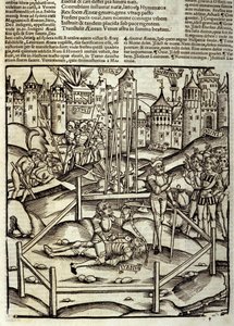 Eneide de Virgil (70 AC-19 AC), Livro XII, o herói troiano Enee mata em uma batalha de Turnos sob os olhos dos latinos e Rutules. Xilografia de Sebastian Brant (1458-1521). Estrasburgo de Unknown artist