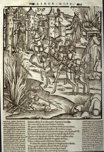 Eneide de Virgil (70 AC-19 AC), livro XIII (suplemento), os heróis de Tróia Enee recebem os latinos, os sacrifícios são feitos em honra das vítimas da guerra. Xilografia de Sebastian Brant (1458-1521). Estrasburgo de Unknown artist