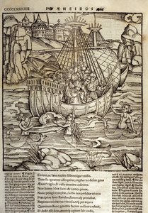 Eneide de Virgil (70 a.C.-19 a.C.), o herói troiano Enee e seus companheiros atravessam um mar cheio de sirenes. Xilografia de Sebastian Brant (1458-1521). Estrasburgo de Unknown artist