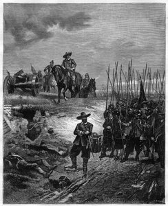 Guerras civis inglesas: Oliver Cromwell (1599-1658) na Batalha de Marston Moor, 2 de julho de 1644 - Parlamentares derrotaram os realistas sob o Príncipe Rupert. Gravura do século XIX - Oliver Cromwell na Batalha de Marston Moor, 2 de julho de 1644, durant de Unknown artist