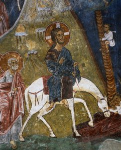 Entrada de Cristo em Jerusalém, fresco (século XII), Ayios Nikolaos tis Steyis (São Nicolau de Telhado) (século XI) (Lista do Património Mundial da Unesco, 2001), montanhas de Troodos, Chipre, detalhe de Unknown artist