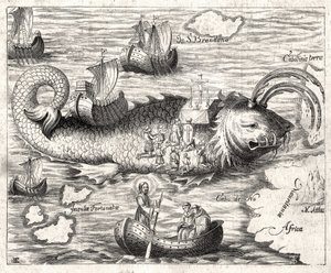 Episódio da Lenda de Saint Brandan (Brendan): uma fantástica viagem da abadia irlandesa do século VI em busca do Paraíso terrestre. Impressão de 1621. de Unknown artist