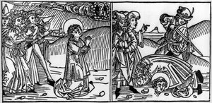 Episódio da vida de São Donat (morreu por volta de 355) Gravura de "Leben der Heiligen - sommerteil" (O livro do santo) de Jacobus (Tiago) de Voragine (1228-1298). Lubeck 1488. de Unknown artist
