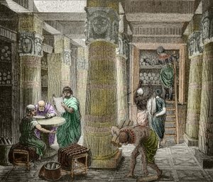 Erudits na biblioteca de Alexandria, destruída em 642, Egipto) (Vista da biblioteca de Alexandria, Egipto) Século XIX (gravura) de Unknown artist