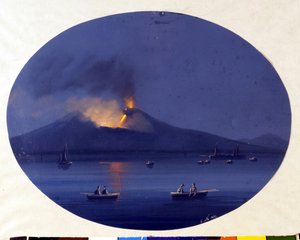 Erupção nocturna do monte Etna vista do mar ao largo de Catania. Pintura anónima do século XIX. de Unknown artist