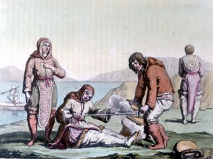 Os esquimós acendem uma fogueira esfregando pedaços de madeira. de Unknown artist