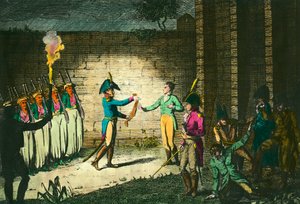 Execução de Louis de Bourbon, Duque de Enghien (1772-1804) em 21 de março de 1804 em Vincennes, suspeito sem prova de conspiração contra o Primeiro Cônsul Napoleão Bonaparte. Gravado por volta de 1804. Coleção privada de Unknown artist