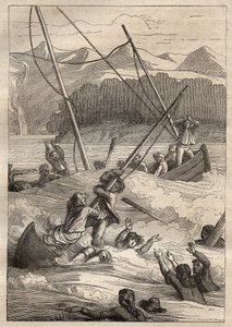 Expedição pelo mundo (1785-1788) por Jean Francois Galaup de La Perouse (1741-1788): naufrágio dos barcos no porto dos franceses (Alasca) - ilustração tirada de "Os Grandes Marinheiros do século XVIII". de Unknown artist
