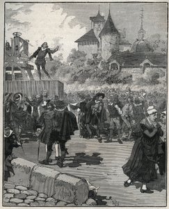 Experiência de cunhagem mecânica por Nicolas Briot (Engraveur du Royaume de France) (1579-1646) em 1616. Gravura de 1885 em "Les arts et metiers illustres" de Adolphe BITARD. de Unknown artist