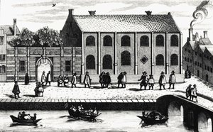 Vista exterior do edifício da Universidade de Leiden, fundada em 1575 por Guillaume de Nassau. Gravura após "Illustrium Hollandiae, etc, Ordinum, Alma academia Leydensis". de Unknown artist