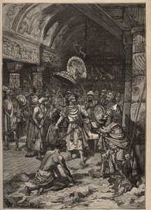Diamantes famosos: O marajá de Lahore, Ranjit Singh (1780-1839), assume o diamante Koh-i Nor (Koh i Nor, Kuh-e Nur, Kuh e Nur, Koh-i-noor, Koh i Noor). Gravura de 1885 em "Les arts et metiers illustres", de Adolphe BITARD. de Unknown artist