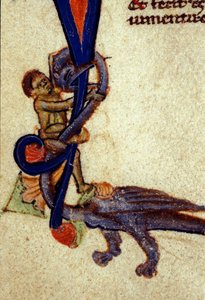 Luta entre um dragão e um homem Detalhe de uma miniatura do século XIV de Unknown artist