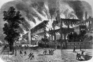 Incêndio do Tribunal de Contas e da Legião de Honra a 23 de Março de 1871, durante a Comuna de Paris. Gravura do século XIX. de Unknown artist