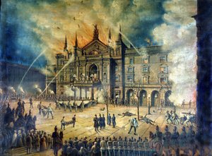 Incêndio do Teatro de Toques Wiener da Ópera de Viena em 1881. Desenho do século XIX de Unknown artist
