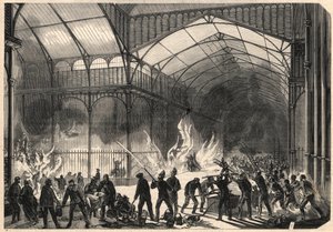Bombeiros tentando deter o incêndio dos Salões Centrais em Paris, 10 de julho de Unknown artist