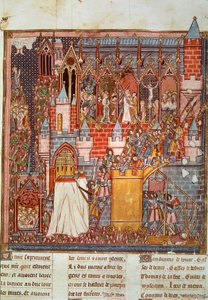 Primeira Cruzada: o cerco e a captura de Jerusalém pelas travessias conduzidas por Godefredo de Bouillon (1058-1100) em 1099. Miniatura de "Chronicles d