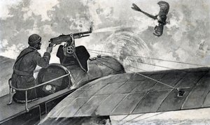 Primeira Guerra Mundial: "o aviador francês Jules Vedrines (1881-1919) a bordo do seu Bleriot abate um avião alemão Taube, 2/09/1914" (WWI: o aviador francês Jules Vedrines no seu avião Bleriot abate um Taube com a sua metralhadora, 2 de setembro de 1914 de Unknown Artist