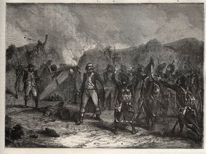 Primeira coligação: Coronel Antoine Guillaume (Antoine-Guillaume) Ramponte (1759-1842) na Batalha de Montenotte em 12 de abril de 1796, durante a campanha italiana contra as tropas francesas de Napoleão Bonaparte contra as armees austríaca e sarda - france de Unknown artist