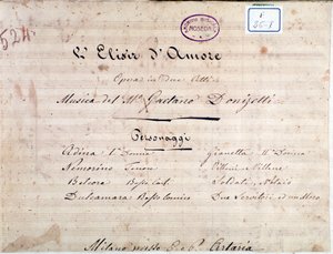 Primeira página de partituras para O elixir do amor, ópera de Gaetano Donizetti de Unknown artist