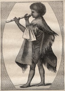 Primeira viagem (1768-1771) do capitão James Cook (1728-1779): Flautista taitiano - ilustração tirada de "The Great Mariners of the 18 century" (Os Grandes Marinheiros do Século XVIII) de Unknown artist