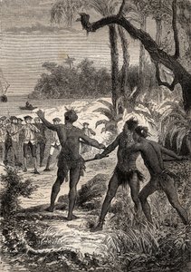 Primeira viagem (1768-1771) do Capitão James Cook (1728-1779): enquanto Cook e dez marinheiros navegam na costa meridional da Nova Guiné, três índios levantam-se do bosque com grandes gritos - ilustração retirada de "Os Grandes Marinheiros do século XVIII" de Unknown artist