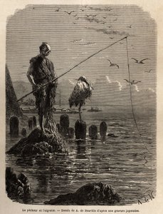 Pescador da Baía de Yedo (ou Edo, actual Tóquio), agarrado por uma águia, uma águia baixa, os barcos colocam os pescadores sobre blocos de pedra colocados a seco na baía, estes últimos permanecem direitos, imóveis e pescam com o hamecon do peixe que desliz de Unknown artist