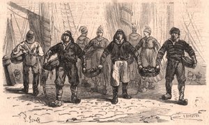 Pescadores, com, cestas, cheio, de, peixe, ligado, a, quay, de, a, porto, de, trouville, frança de Unknown