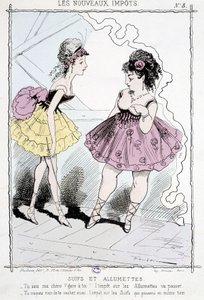 Acompanhamentos e jogos: "Sabes, querida, tem cuidado, a taxa de fósforos vai passar! Você não vai esconder também, o imposto sobre os acompanhamentos que vão passar ao mesmo tempo!" - caricatura sobre os "novos impostos" de Unknown artist