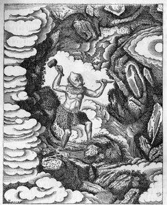 Formação dos mundos: o deus chinês Pan-Kou-Che esculpindo a casca da terra. Gravura em "Le journal de la jeunesse". de Unknown artist