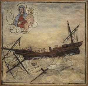Ex-voto (ex voto) marinheiro, oferta popular como penhor de devoção e gratidão do marinheiro sobrevivente aos perigos do mar vindo da Igreja de Carmine, Torre del Greco, perto de Nápoles de Unknown artist