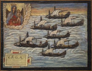Ex-voto (ex voto) marinheiro, oferta popular como penhor de devoção e gratidão do marinheiro sobrevivente aos perigos do mar provenientes da Igreja da Santíssima Virgem do Arco de Nápoles (Madonna dell