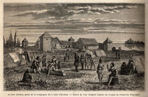 Fort Youkon, no Golfo de Norton, Alasca, fundou em 1847, um estabelecimento da Companhia Hudson Bay, índios acampados em torno das paliçadas. Gravura para ilustrar a viagem e as aventuras na Colômbia inglesa, Ilha de Vancouver e Alasca, por Frederick de Unknown artist